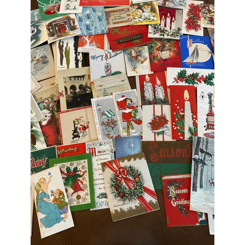 Vintage 80+ Christmas Cards Lot Mixed Retro Mid Century Holiday Ephemera Journal